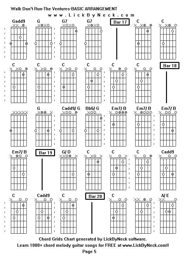 Chord Grids Chart of chord melody fingerstyle guitar song-Walk Don't Run-The Ventures-BASIC ARRANGEMENT,generated by LickByNeck software.